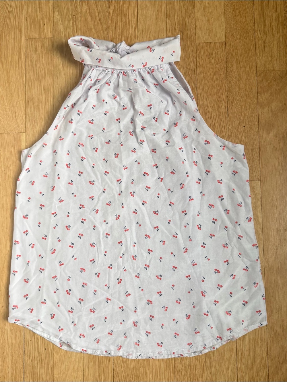 White Halter Tank with Tiny Red Cherry Print